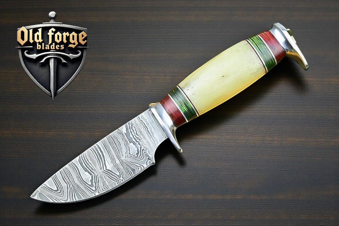 Boker Damascus hunting knife with bone handle and leather sheath