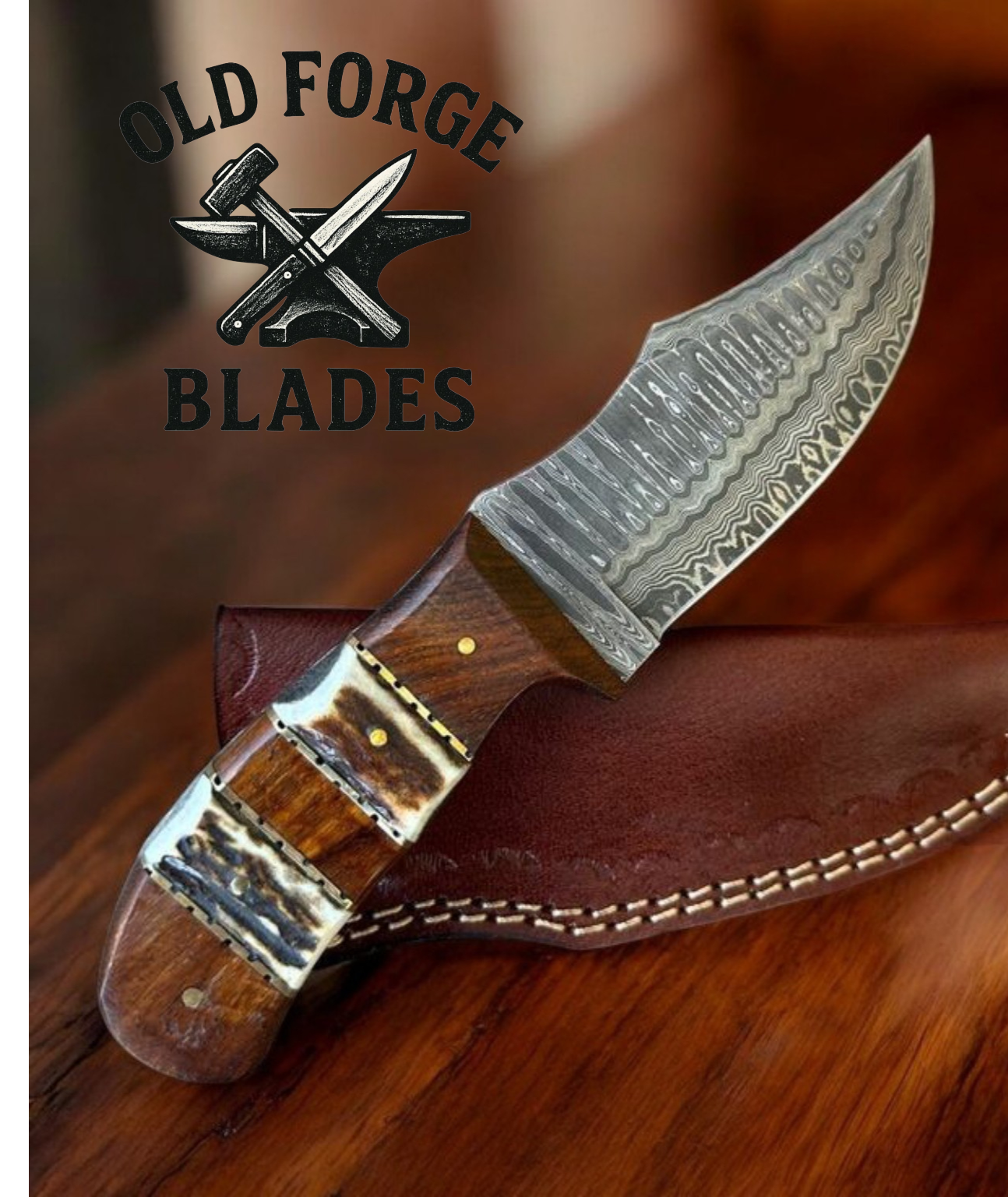 Stag horn and wood handle demascus blade knife