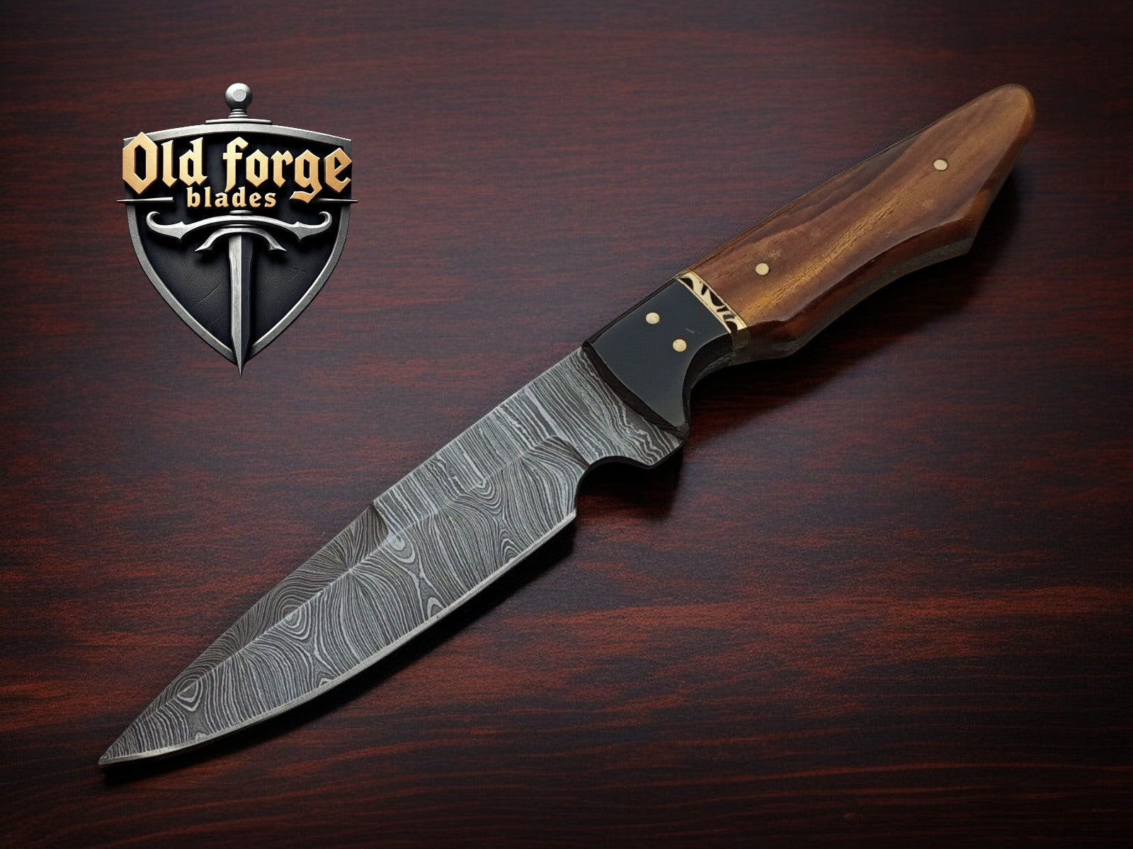 Handmade cheap Damascus hunting knife with wooden handle and leather sheath