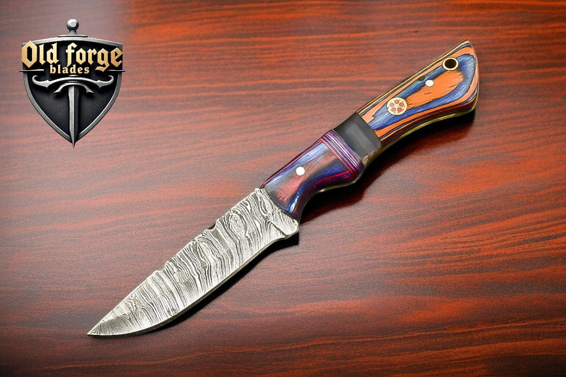 Handmade custom Damascus hunting knife with exotic wood handle and leather sheath