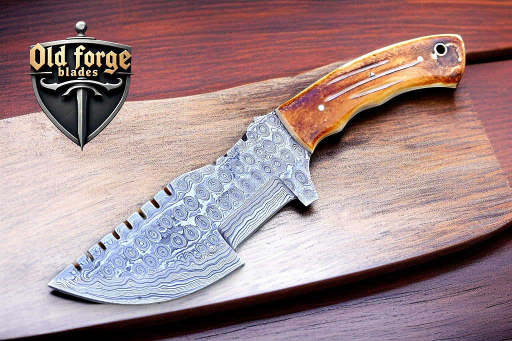 Best Damascus Knives Made in USA – 10” Handmade Tracker Knife with Bone Handle