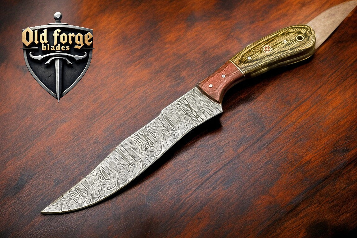 Handmade custom Damascus hunting knife with exotic wood handle and leather sheath