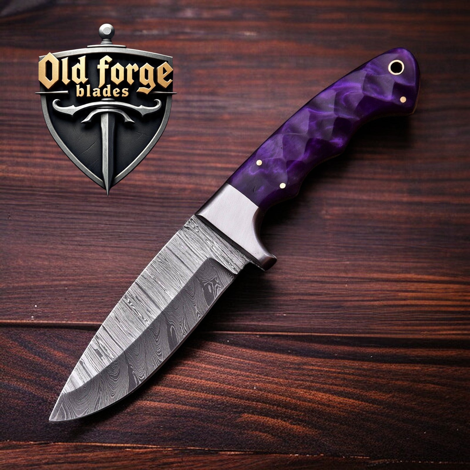 Custom Bobcat Knife with Purple Resin Handle and Damascus Blade