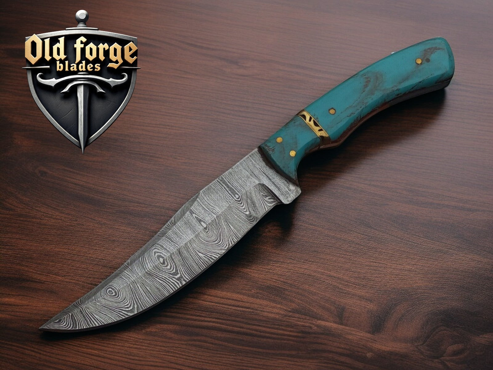 Handmade custom Damascus steel hunting knife with epoxy handle and leather sheath