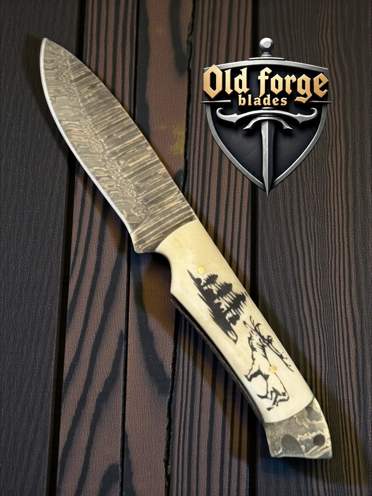 Custom made Damascus hunting knife with premium bone handle and leather sheath