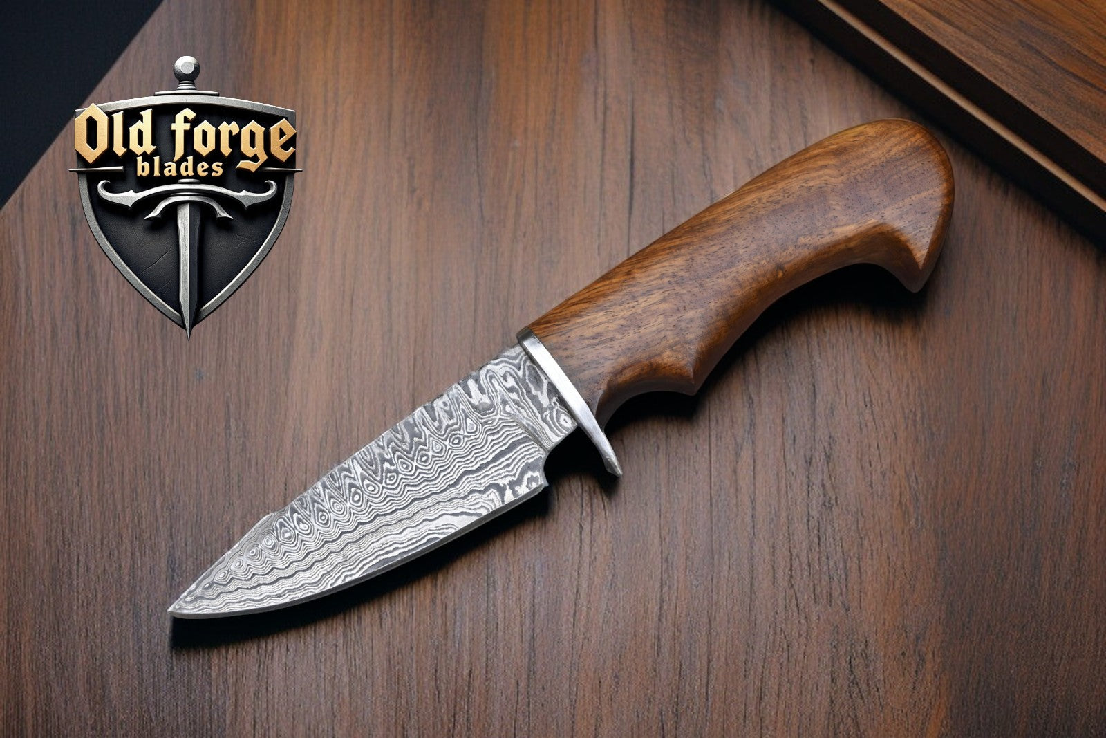 Handmade Damascus hunting knife with rosewood handle and leather sheath