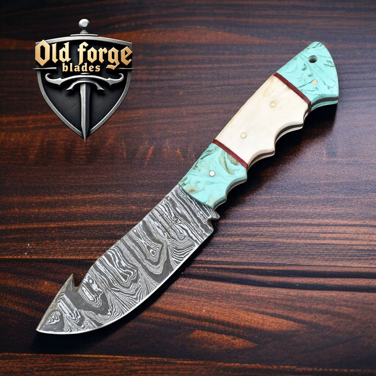 Handmade Damascus hunting knife with resin and bone handle in leather sheath