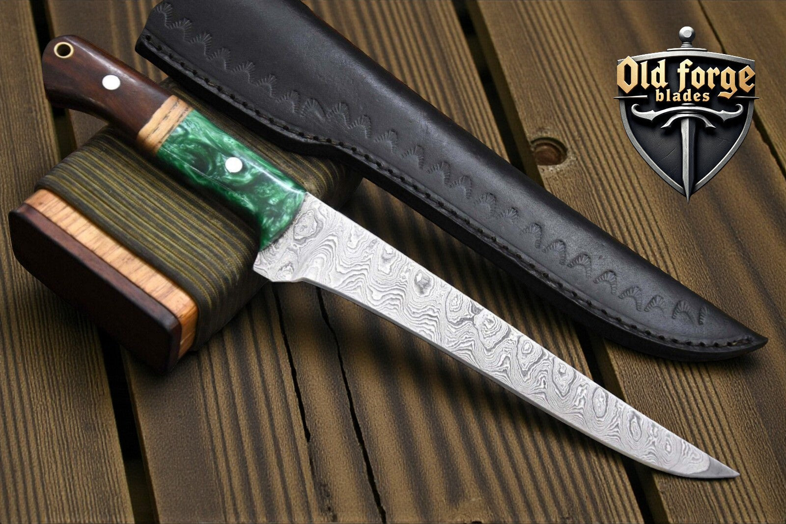 Handmade Damascus steel fillet knife with epoxy resin rosewood handle and leather sheath.