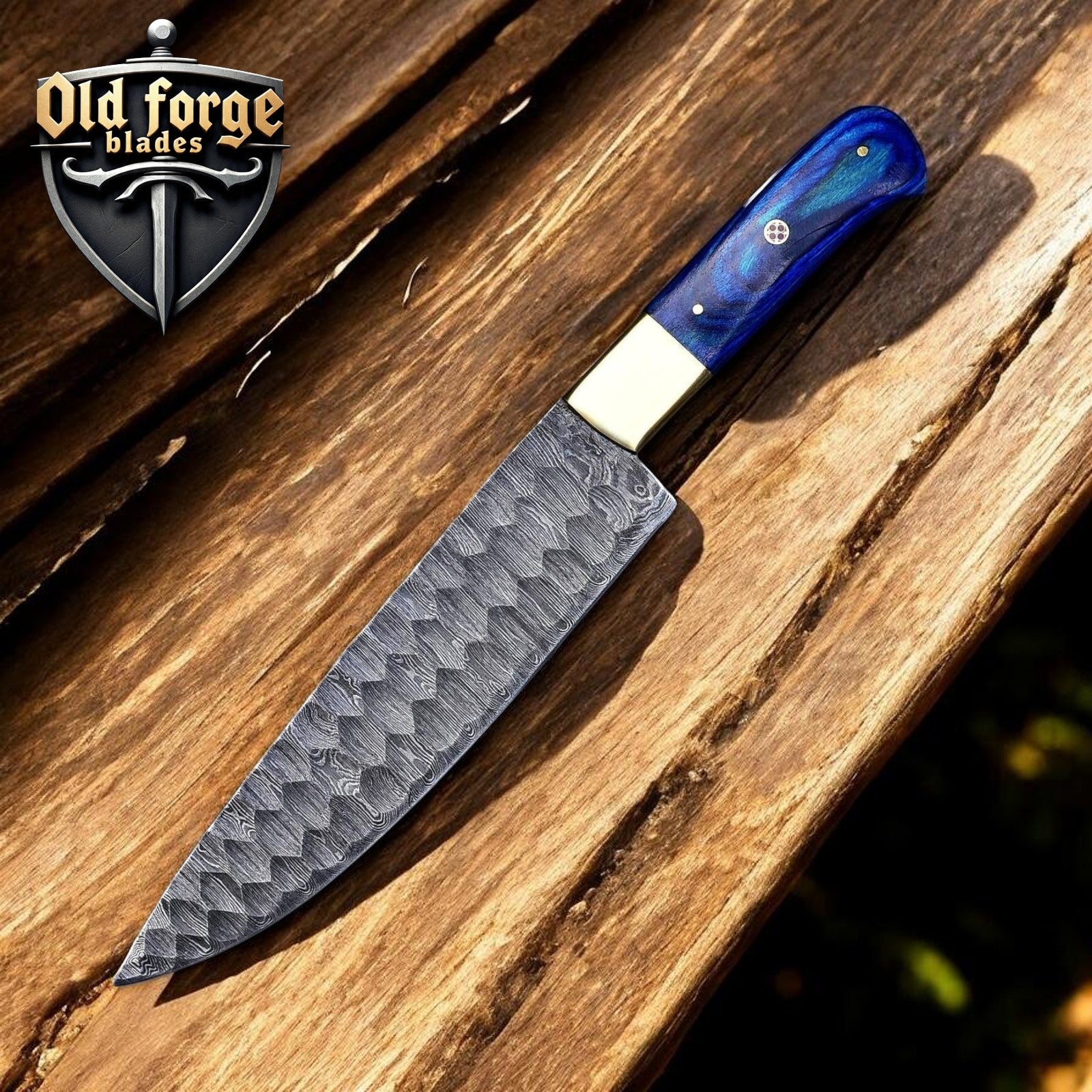 Handmade Damascus steel French chef knife with wood handle and brass bolster