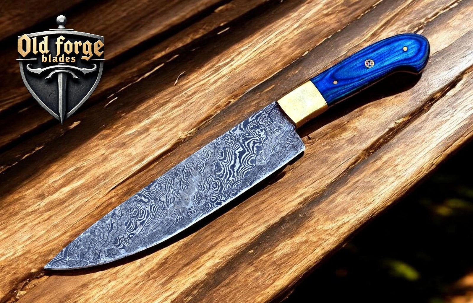 Handmade Damascus steel chef knife with wood handle and golden brass bolster