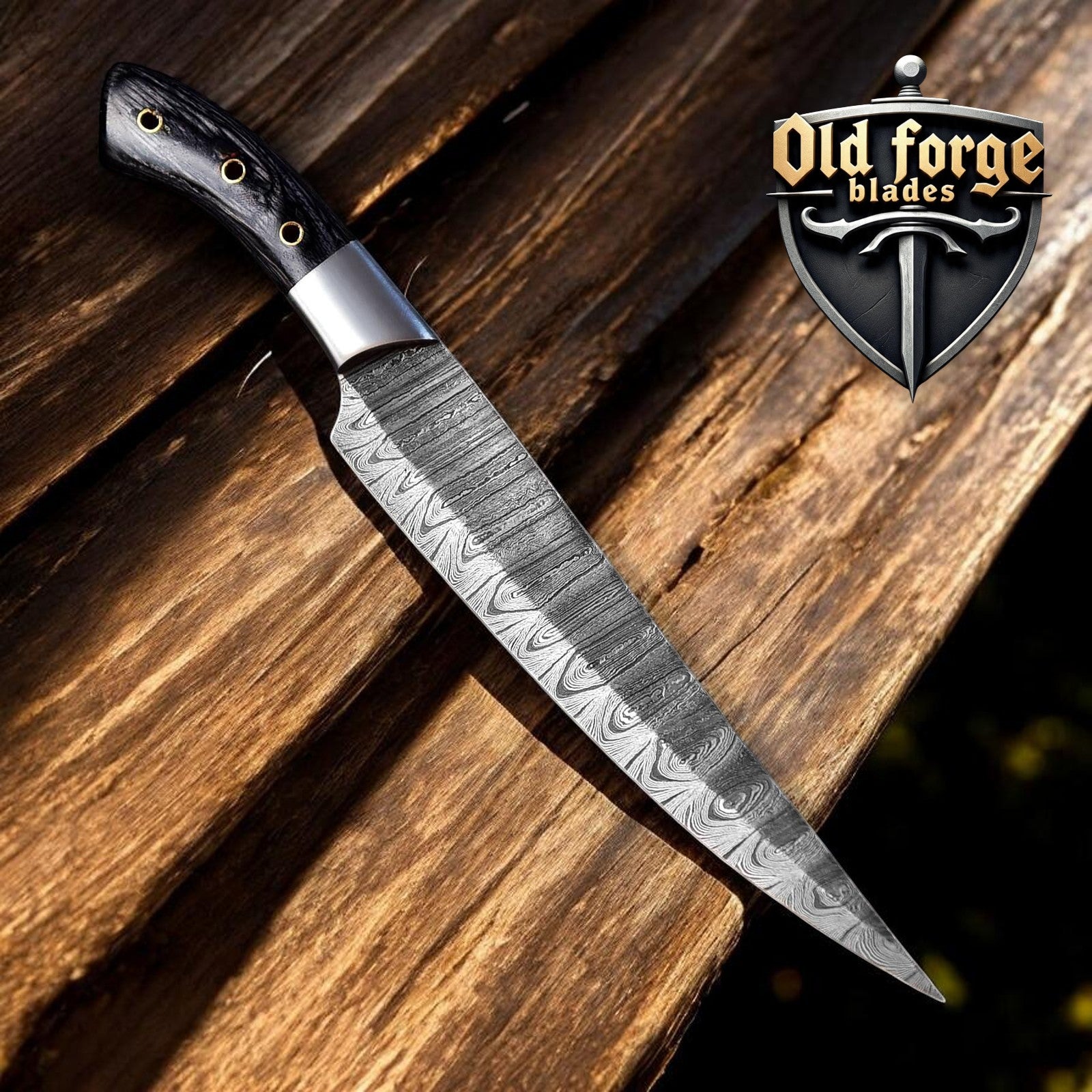 Handmade Damascus chef knife with wood handle and steel bolster