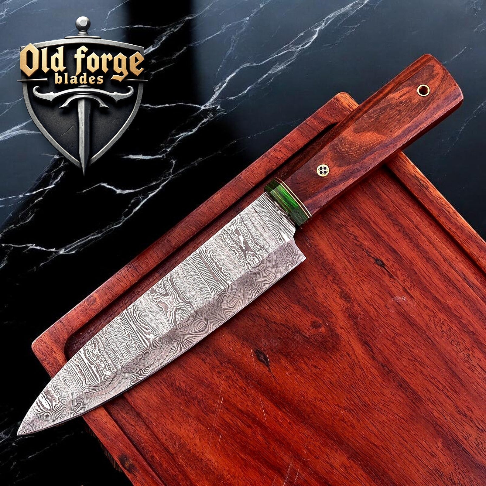 Handmade Damascus steel kitchen knife with polished wood handle