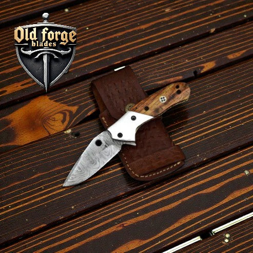 Handmade Damascus steel pocket knife with rosewood handle and liner lock