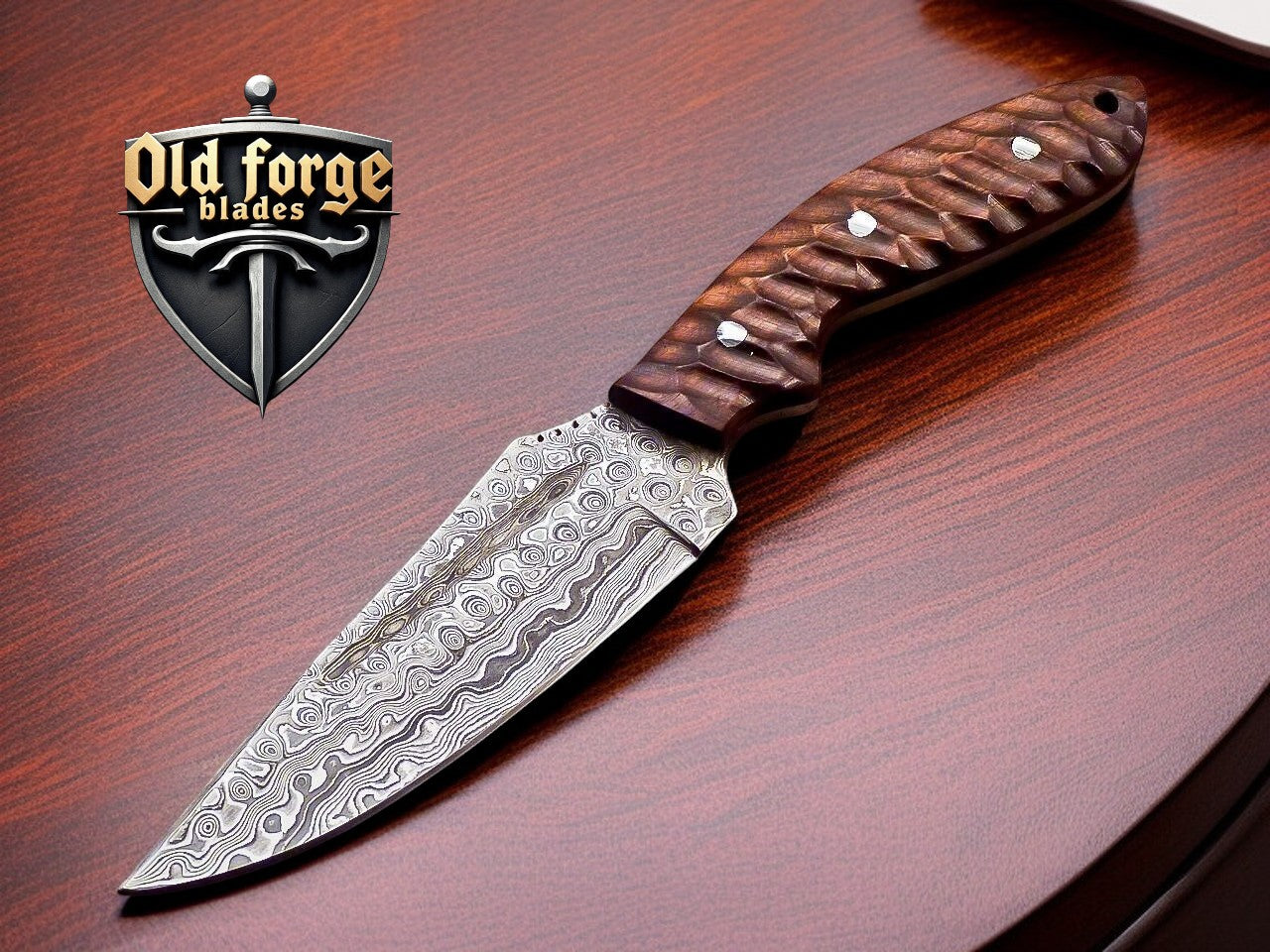 Handmade damascus hunting knife with 5 inch blade and natural hardwood handle with leather sheath