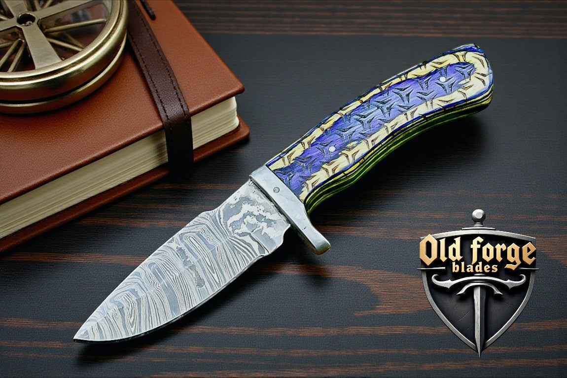 Custom handmade Damascus hunting knife with wood handle and leather sheath