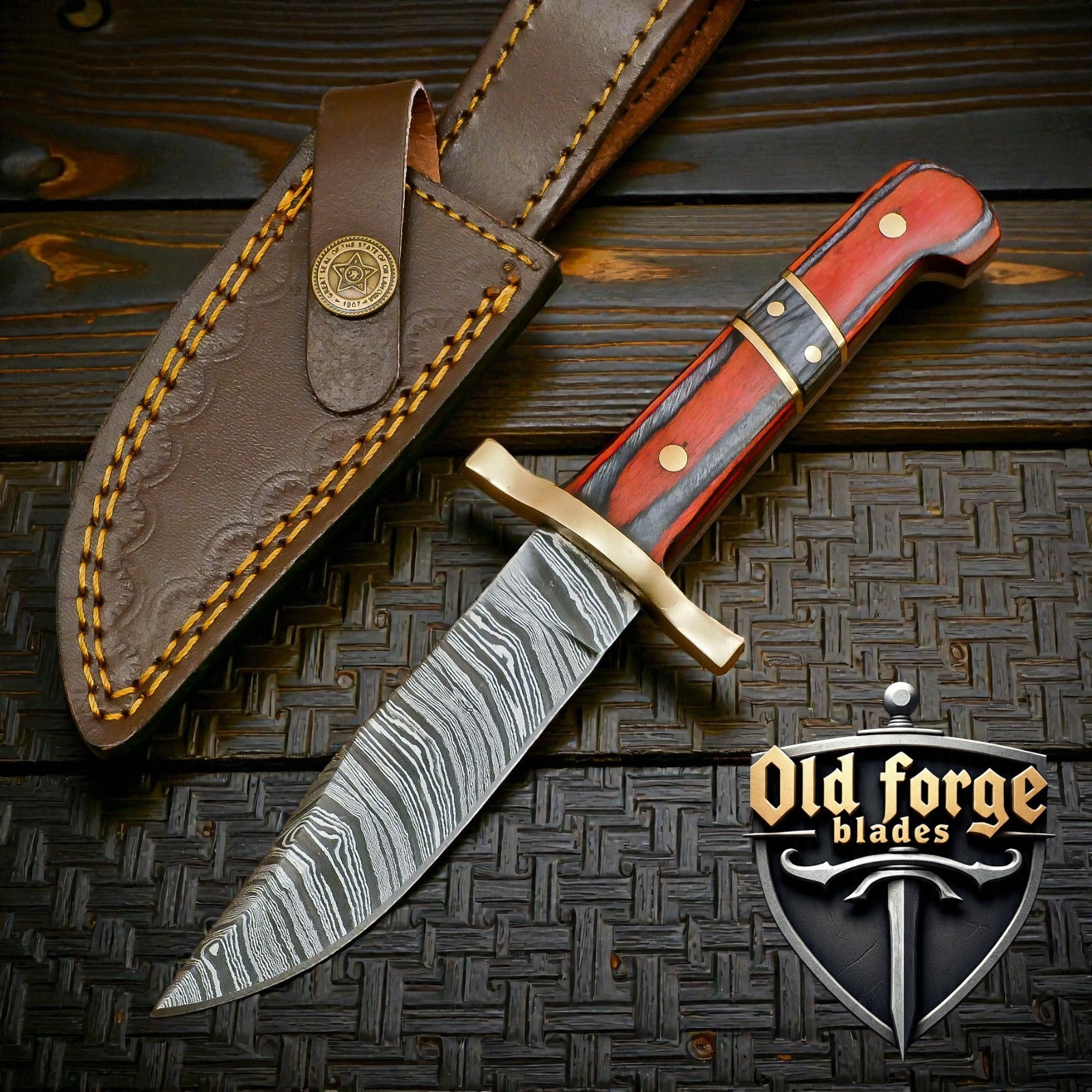 Wholesale damascus hunting knife with hardwood handle and leather sheath