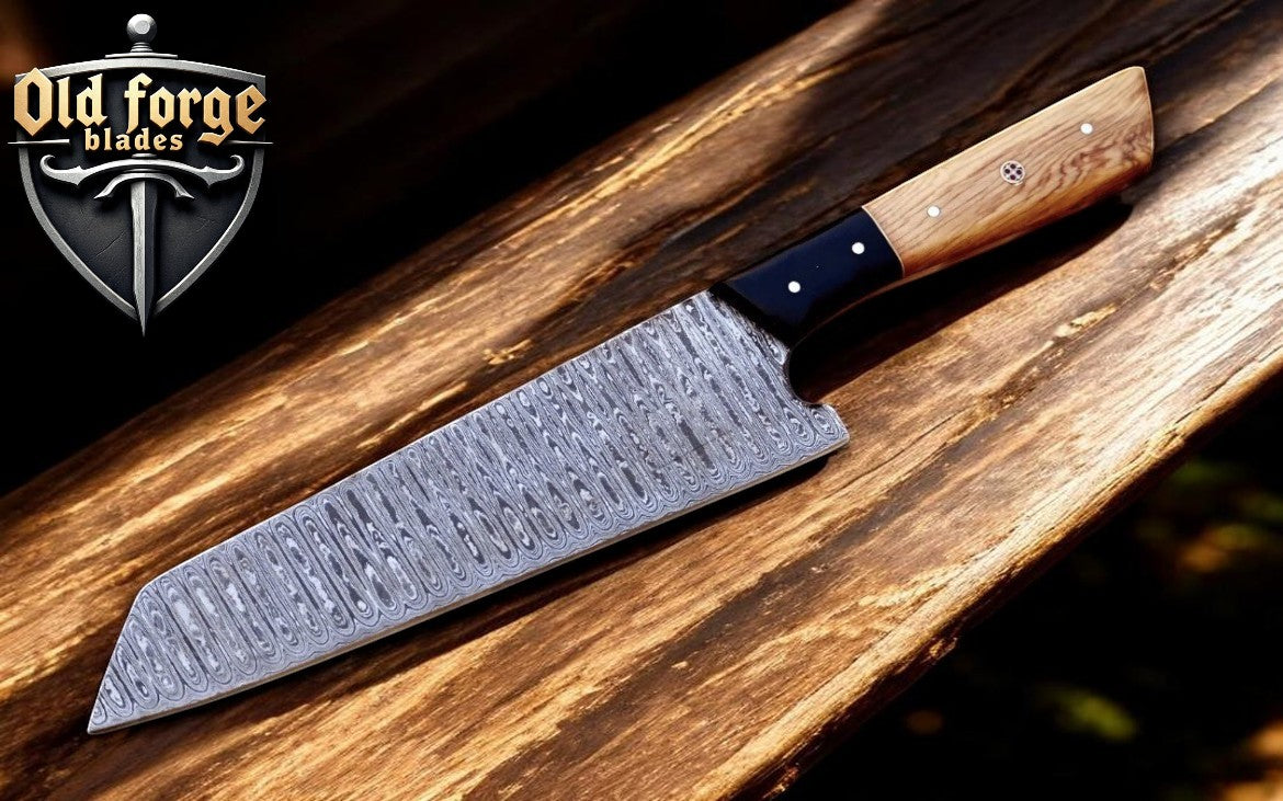 Premium Damascus chef knife with wood handle and leather sheath