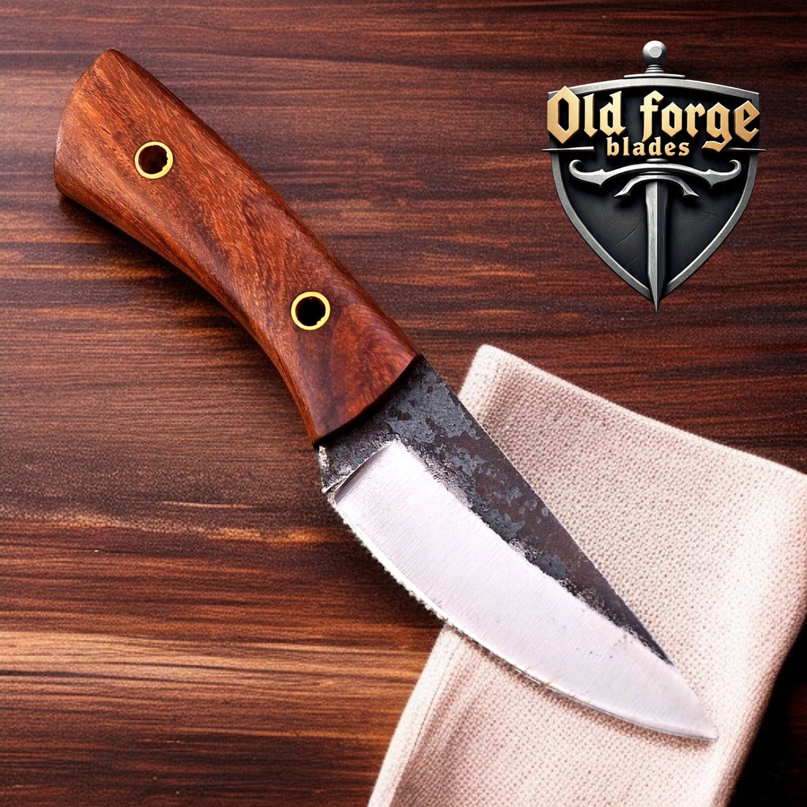 Handmade carbon steel skinning knife with rosewood handle and leather sheath