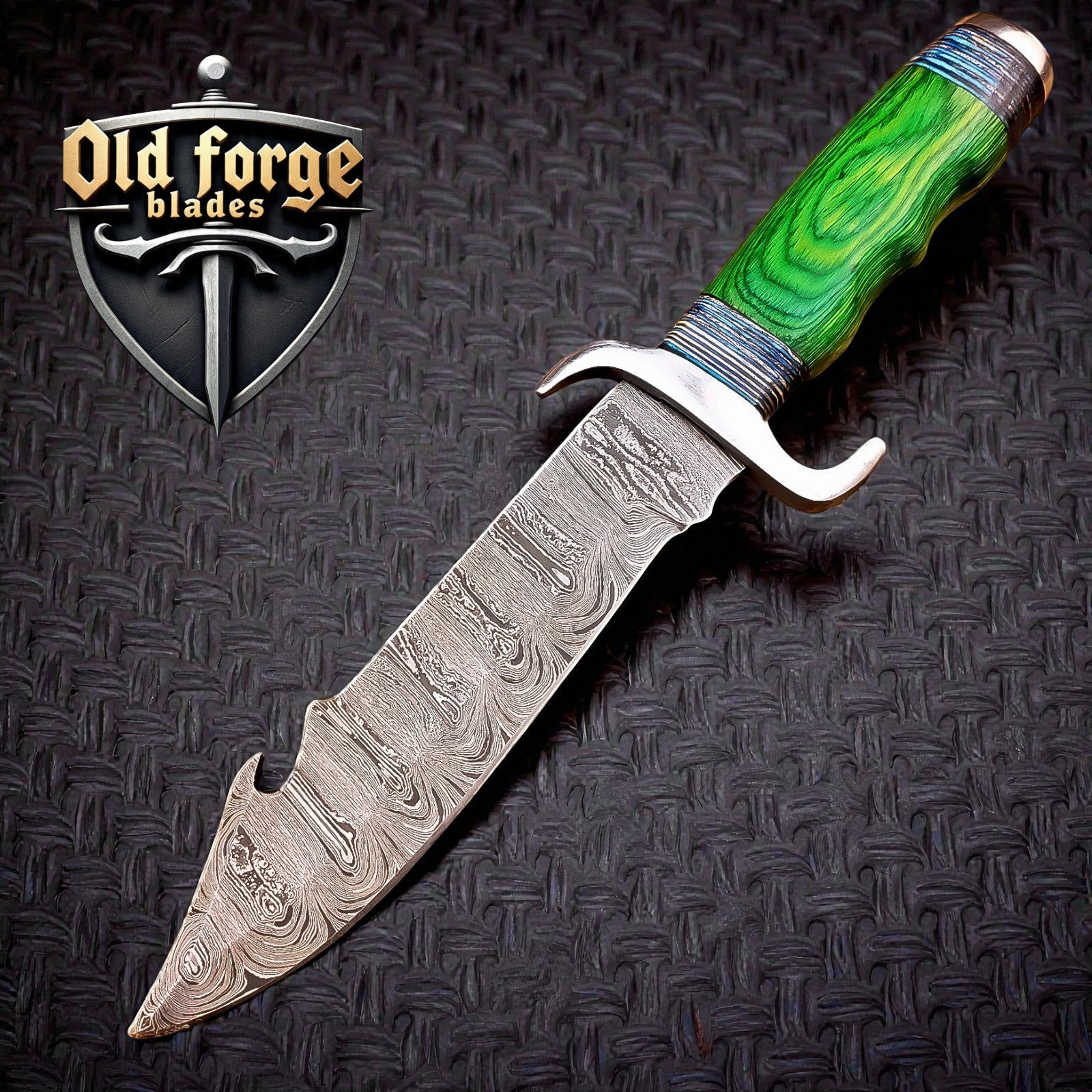 Handmade Damascus steel bowie knife with colored wooden handle and leather sheath