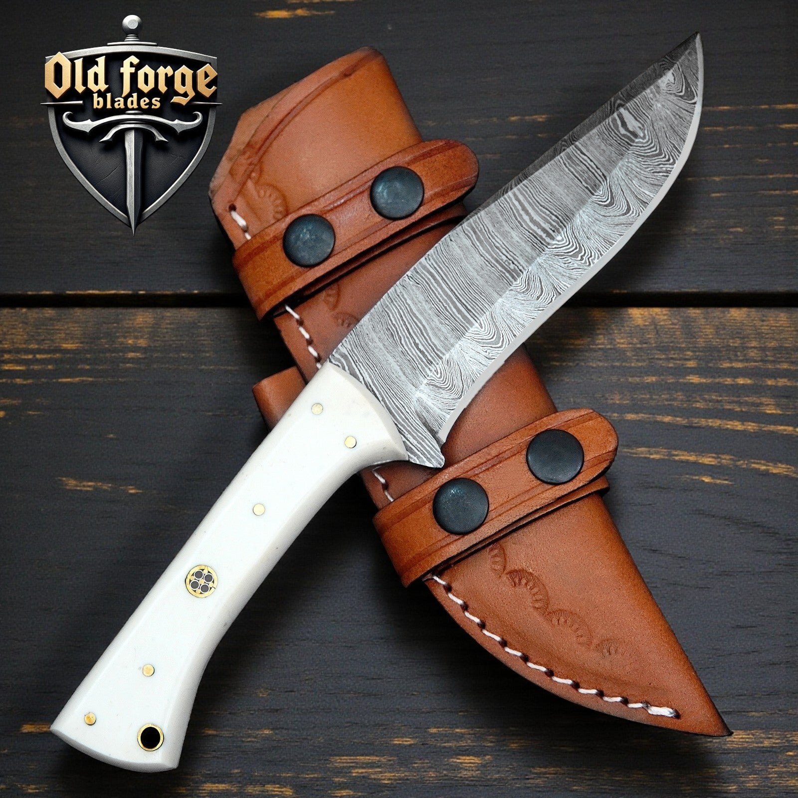 Handmade Damascus domestic knife with white Micarta handle and leather sheath