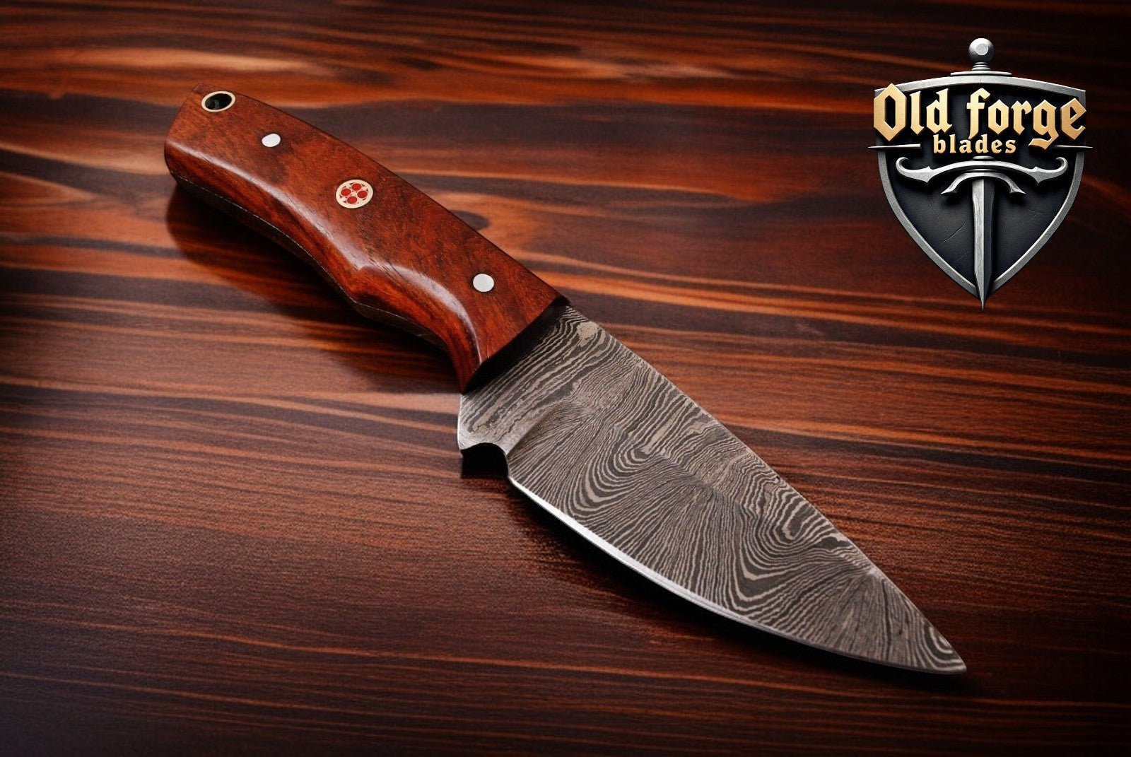 Handmade Damascus skinning knife with wood handle and leather sheath