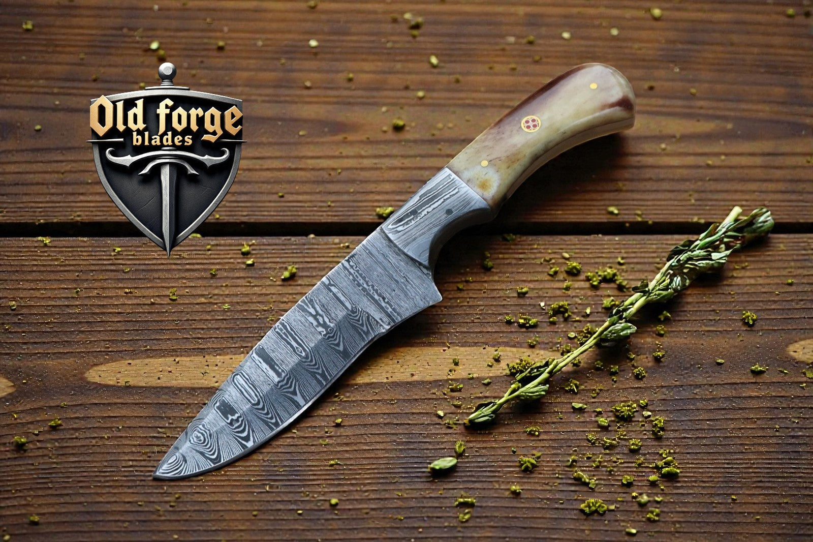 Real damascus blade hunting knife with 4 inch blade and bone handle including leather sheath