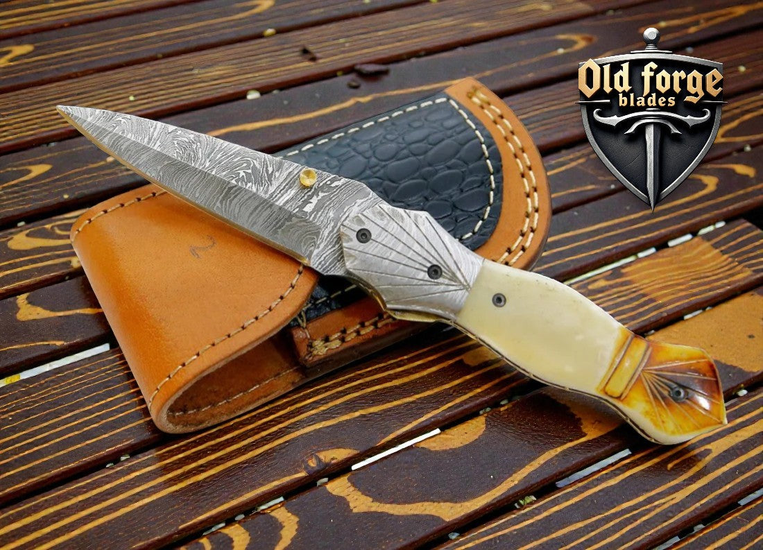 Premium Damascus steel pocket knife with bone handle and liner lock, perfect for EDC and outdoor adventures
