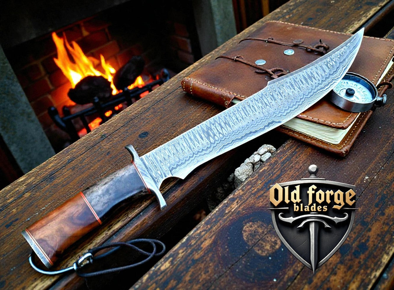 Handmade Damascus Bowie knife with wood and bone handle