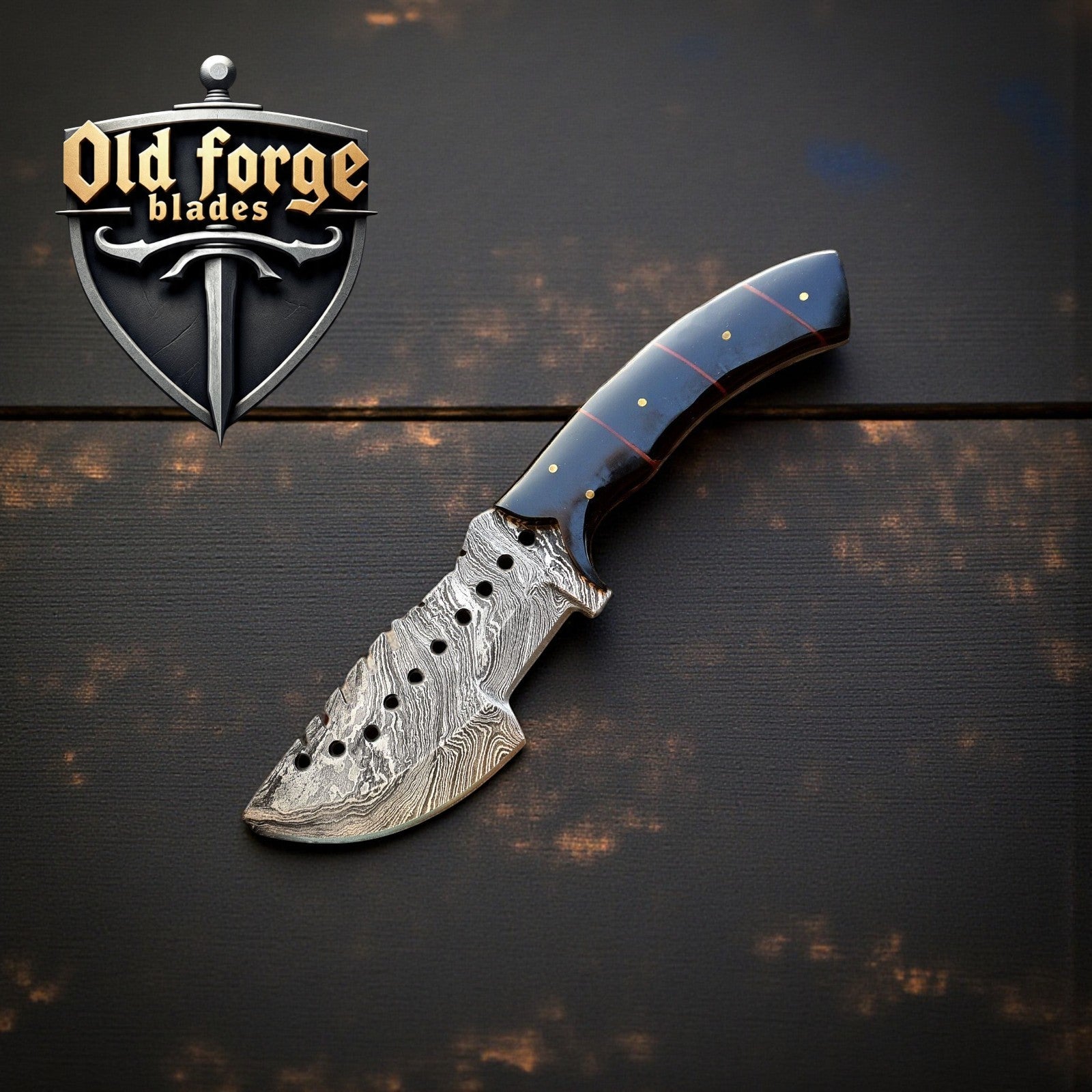 Handmade Damascus hunting knife with epoxy resin handle and leather sheath