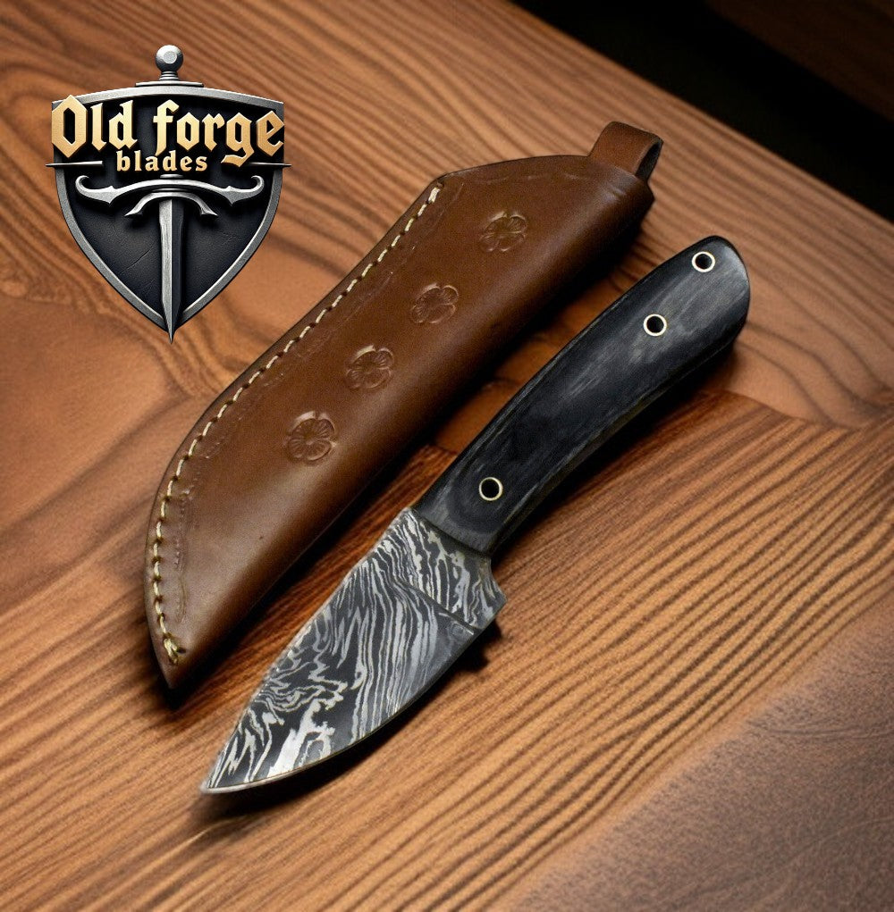 Custom handmade small hunting knife with Damascus steel blade and black wood handle