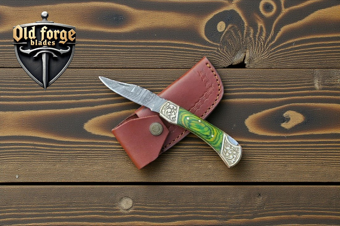 Handmade personalized Damascus steel pocket knife with green Pakka wood handle