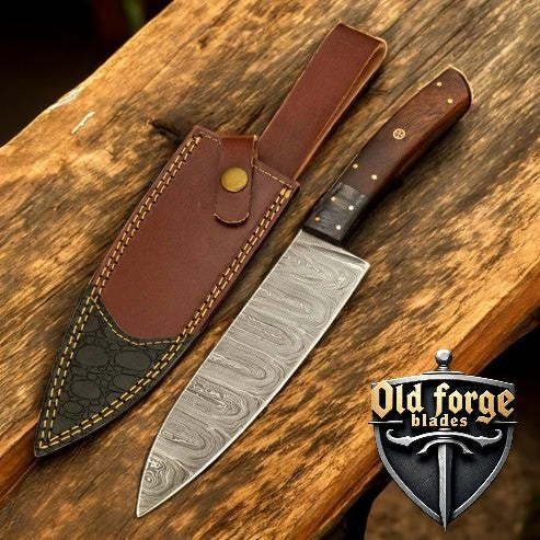 Premium Damascus handmade knife with 8 inch chef blade and leather sheath