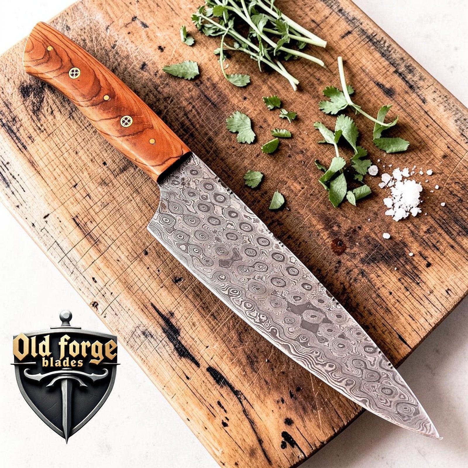 Handmade Damascus steel chef knife with olivewood handle and leather sheath