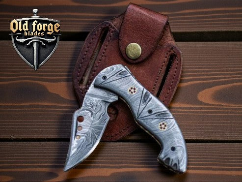 Damascus steel pocket knife with liner lock and leather sheath