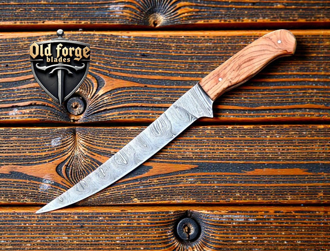 damascus fishing knife with olive wood handle and leather sheath