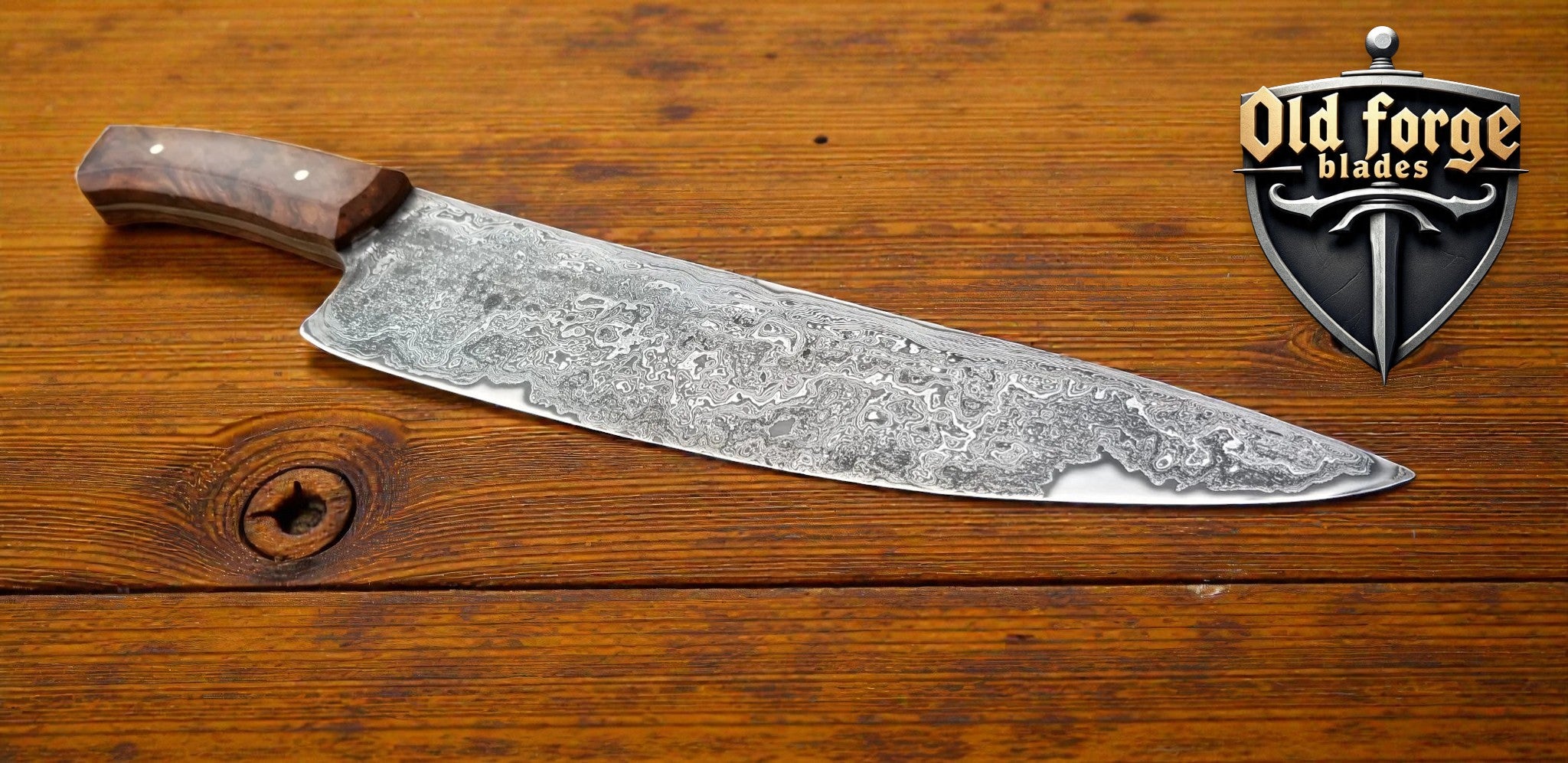 Handmade Damascus chef knife with exotic wood handle and leather sheath