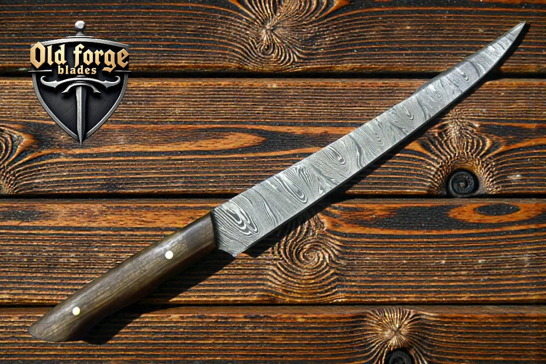 Handmade Damascus steel fillet knife with rosewood handle and leather sheath