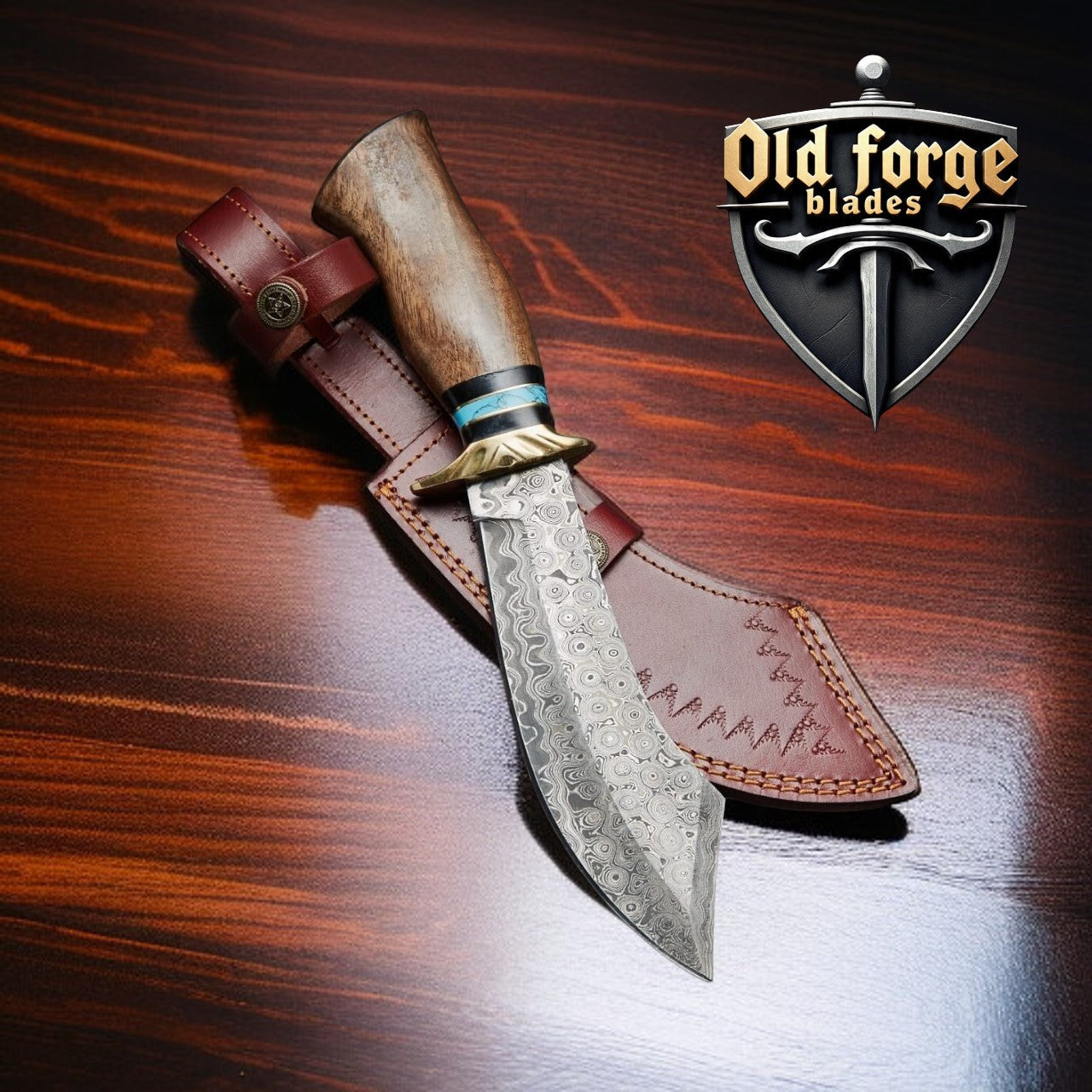 American Damascus handmade Bowie knife with rosewood handle and leather sheath
