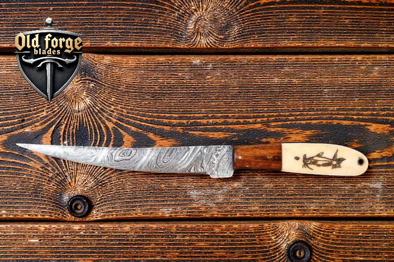 Handmade Damascus steel sharpest fillet knife with camel bone and rosewood handle and leather sheath