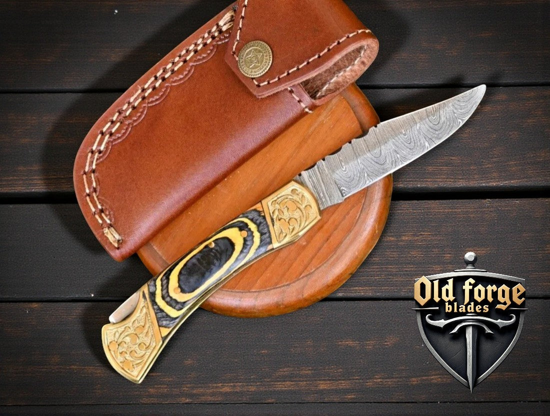 Handcrafted 3.5-inch Damascus steel pocket knife with Pakka wood handle and brass bolster