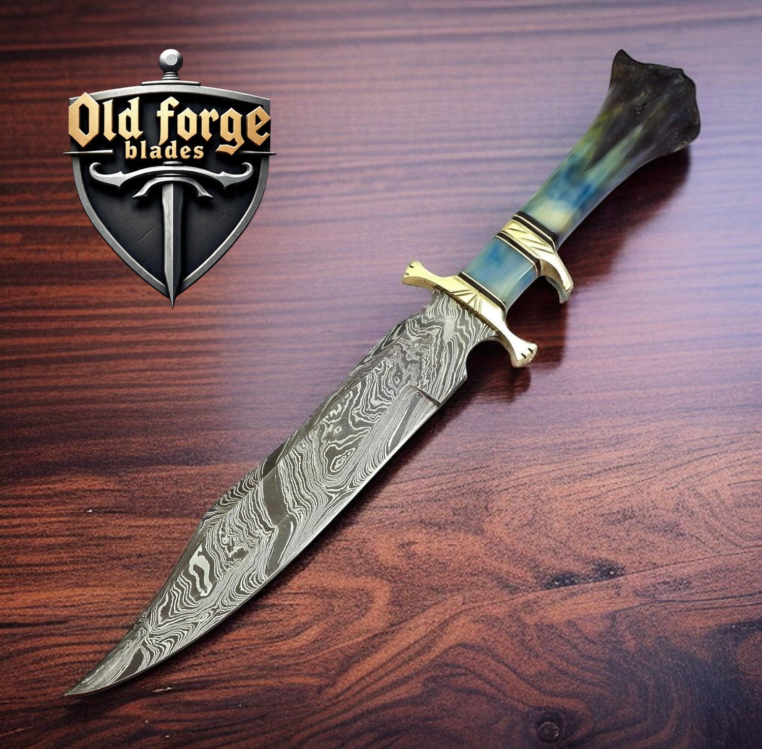 Handmade Damascus steel Bowie knife with blue camel bone handle and leather sheath