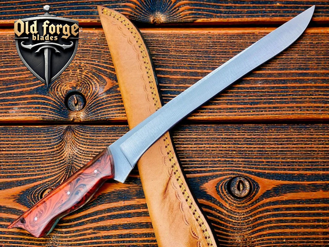Handmade Damascus steel custom fillet knife with epoxy resin handle and leather sheath