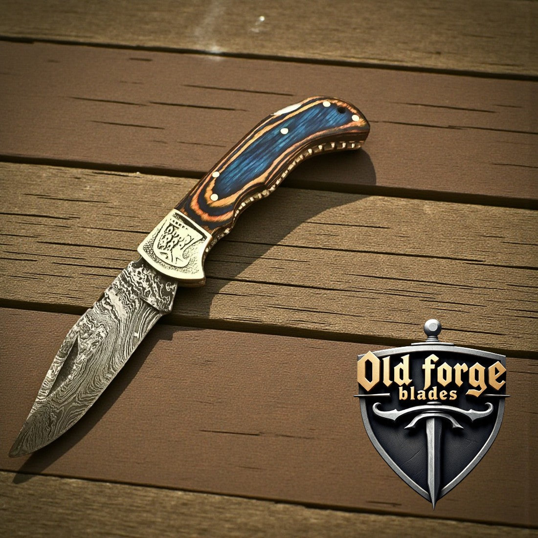 handmade damascus steel pocket knife with engraved brass bolster and leather sheath