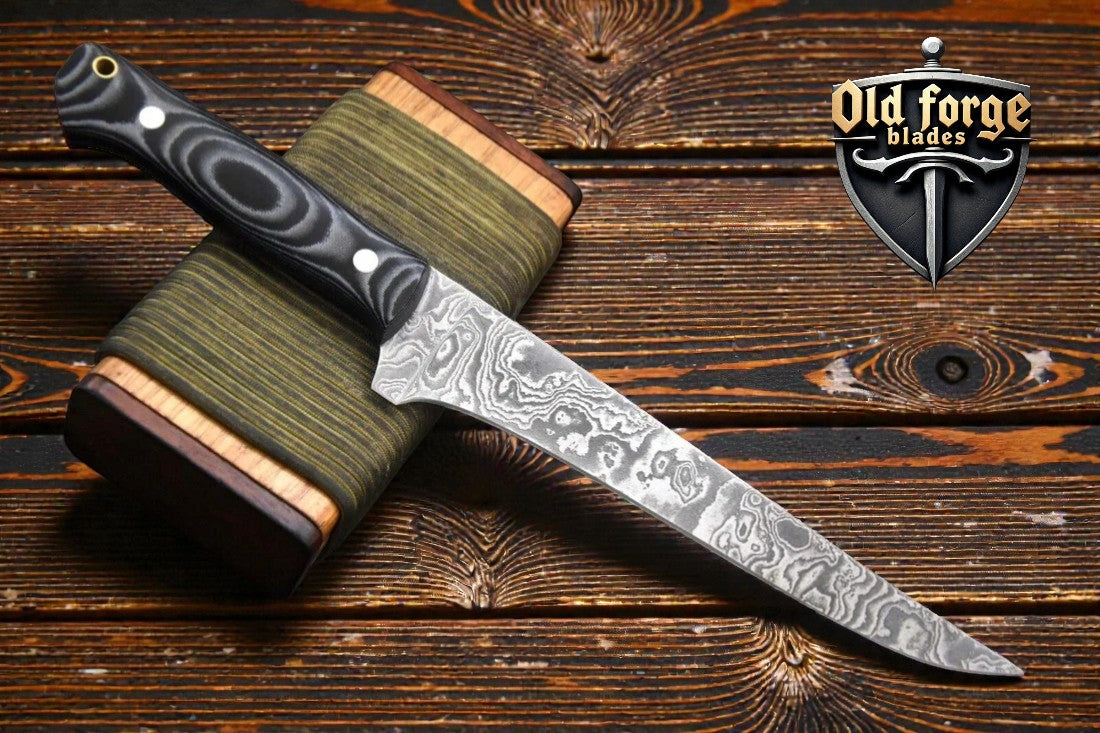 Handmade Damascus steel fish fillet knife with G10 micarta handle and leather sheath