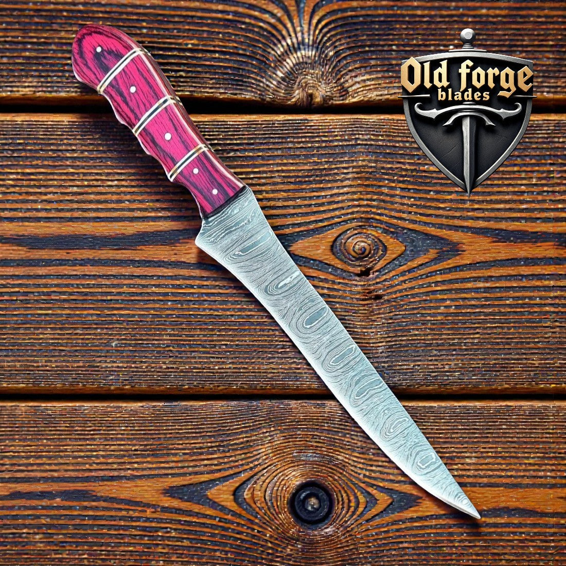 Professional 12” Custom Handmade Damascus Fillet Knife – 7” Blade with Exotic Red Wood Handle & Leather Case