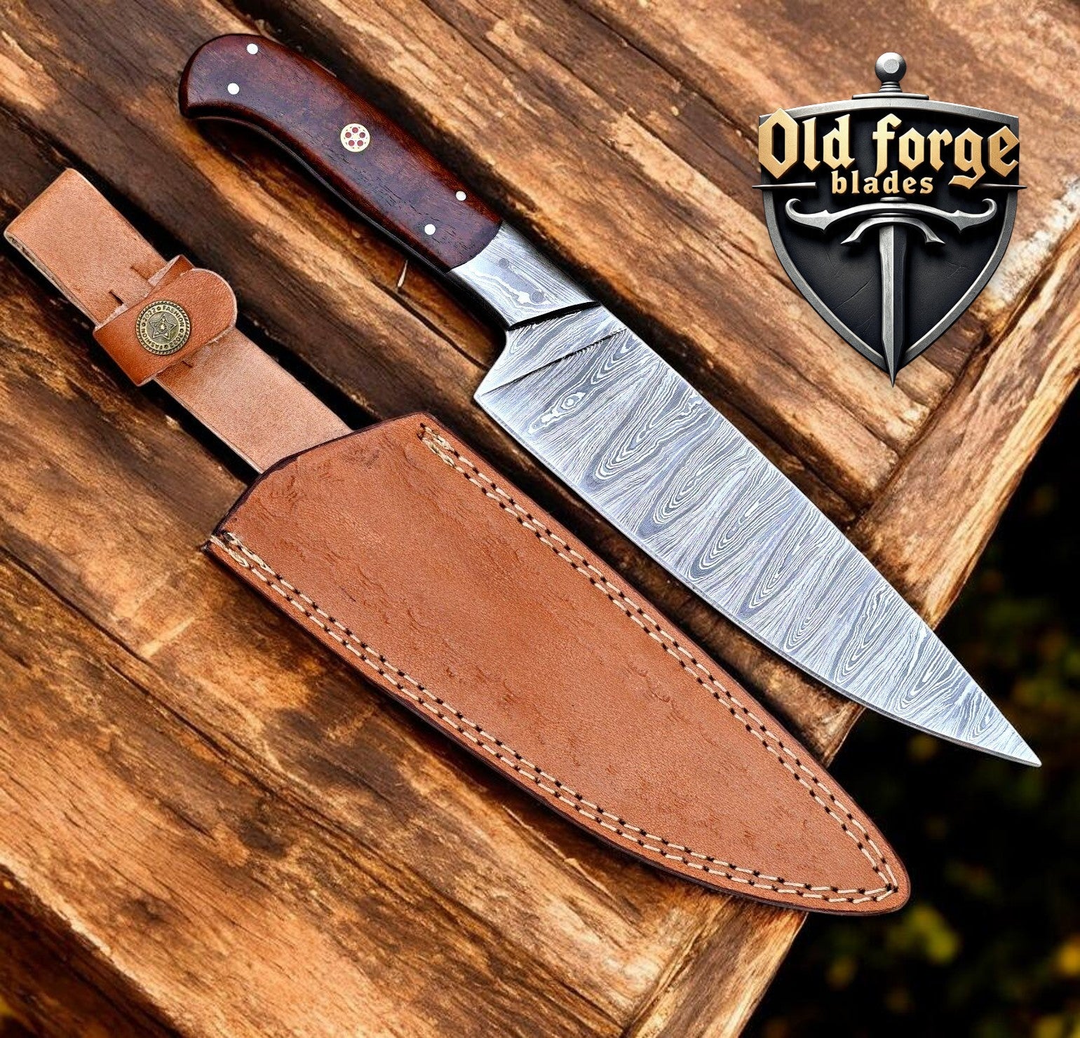 Handmade Damascus steel chef knife with rosewood handle and leather sheath