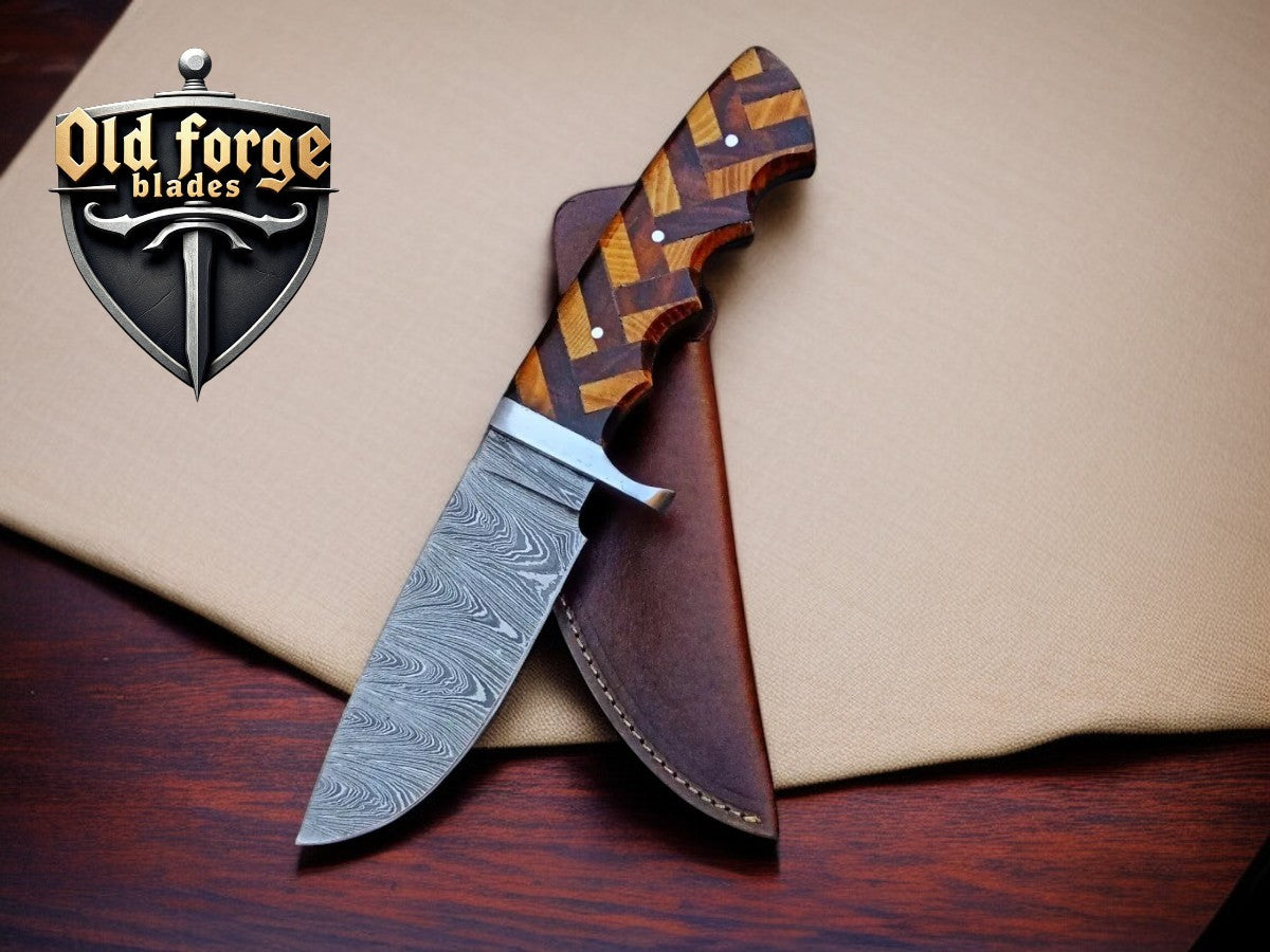 Custom handmade Damascus steel hunting knives set with olive and rosewood handle