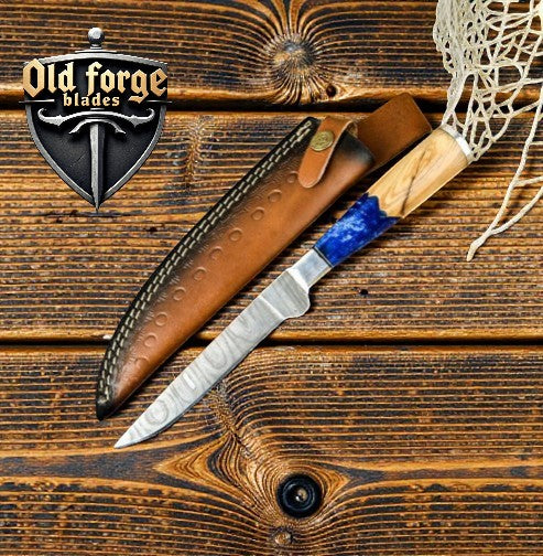 Handmade Damascus fillet knife with wood and resin handle and leather sheath for fish preparation
