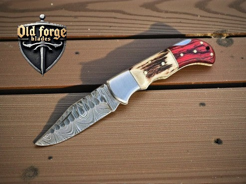 Close-up of brass bolster and stag horn handle craftsmanship