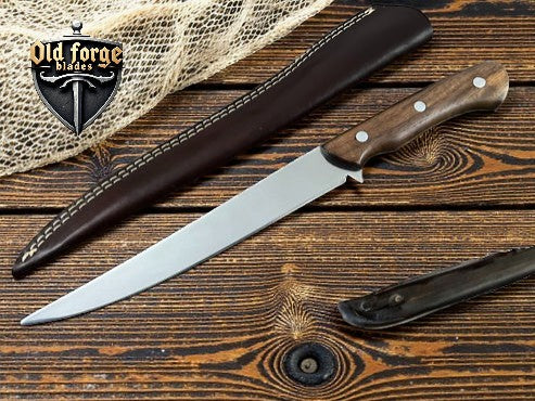 Handmade Damascus steel white river fillet knife with rosewood handle and leather sheath.
